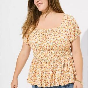 Torrid Warm Sunset Floral Washable Crinkle Gauze Criss Cross Back Peplum Top 2X